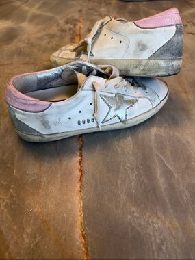 Golden Goose White Leather Sneakers with Pink Heel and silver Star